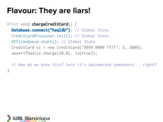 Flavour: They are liars!
@Test void chargeCreditCard() {
  Database.connect("hsqldb"); // Global State
  CreditCardProcessor.init(); // Global State
  OfflineQueue.start(); // Global State
  CreditCard cc = new CreditCard("9999 0000 7777", 5, 2009);
  assertThat(cc.charge(30.0), is(true));

    // How do we know this? Sure it's documented somewhere... right?
}
 