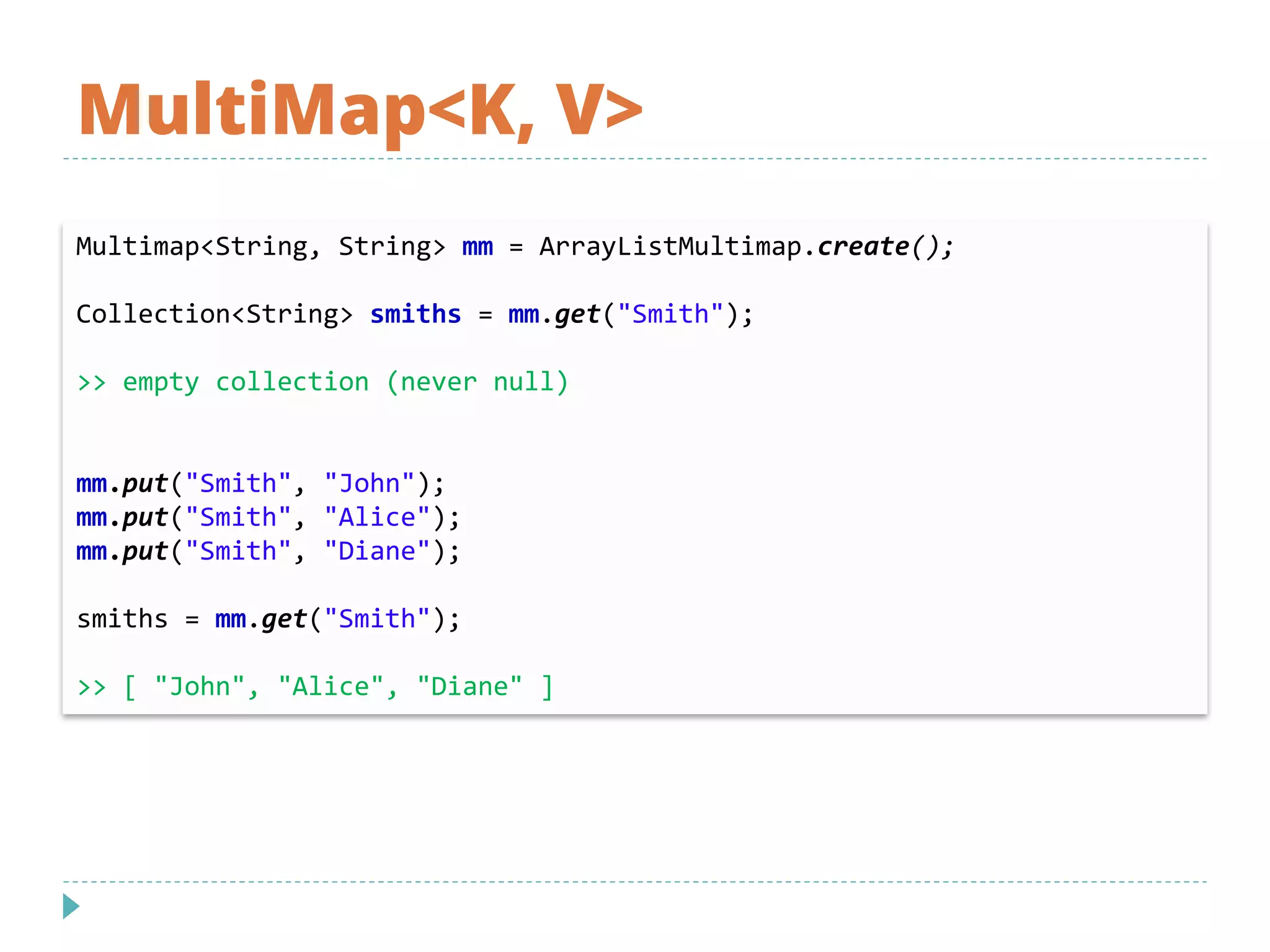 MultiMap<K, V>
Multimap<String, String> mm = ArrayListMultimap.create();
Collection<String> smiths = mm.get("Smith");
>> empty collection (never null)
mm.put("Smith", "John");
mm.put("Smith", "Alice");
mm.put("Smith", "Diane");
smiths = mm.get("Smith");
>> [ "John", "Alice", "Diane" ]
 