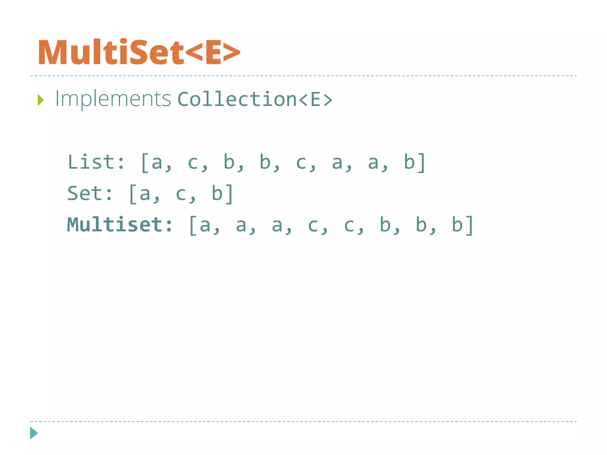 MultiSet<E>
 Implements Collection<E>
List: [a, c, b, b, c, a, a, b]
Set: [a, c, b]
Multiset: [a, a, a, c, c, b, b, b]
 