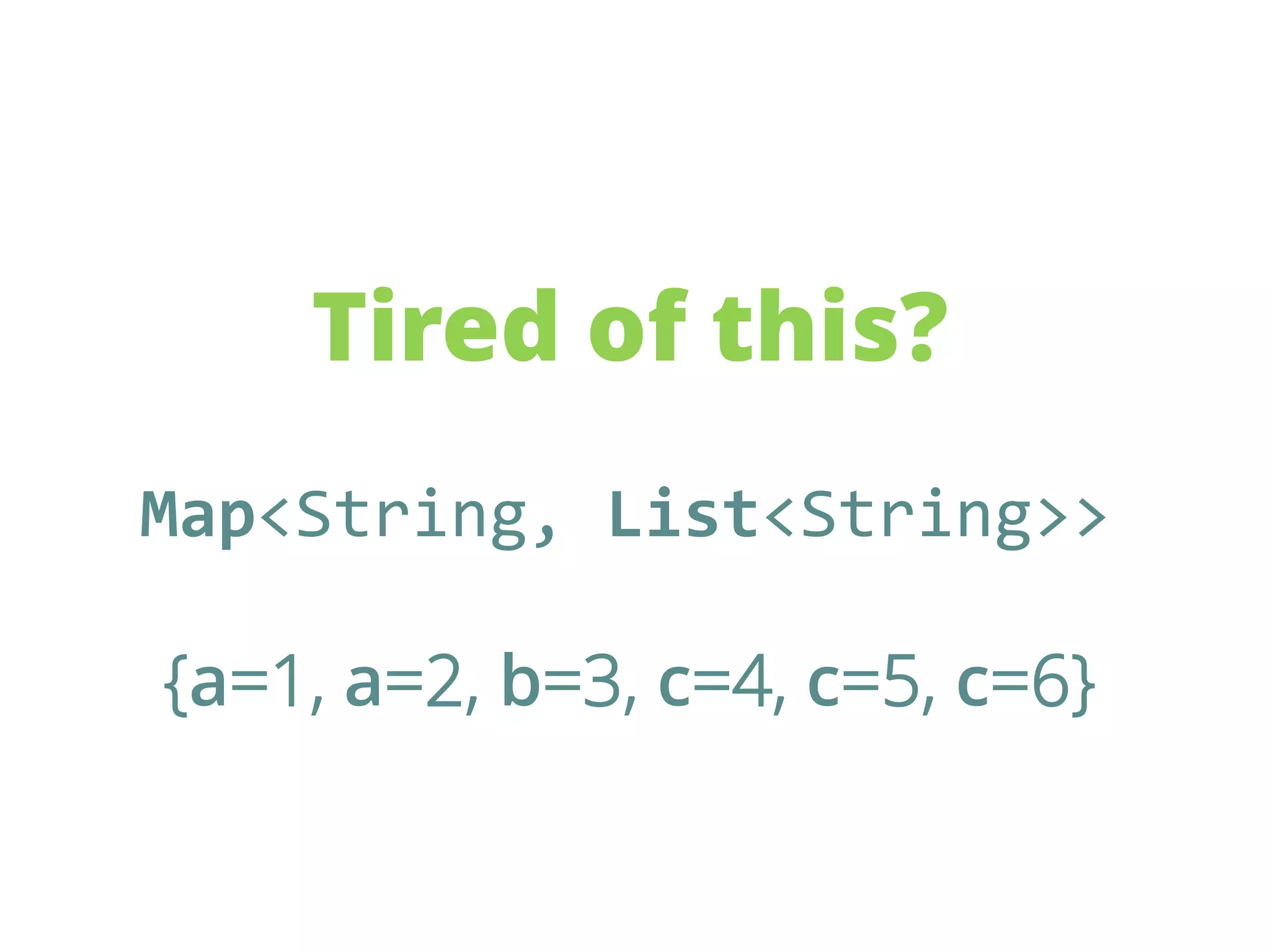 Tired of this?
Map<String, List<String>>
{a=1, a=2, b=3, c=4, c=5, c=6}
 