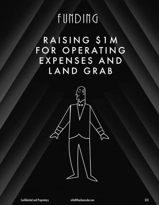 f u n d i n g 
R A I S I NG $1M 
FOR OPERAT I NG 
EXPENSES AND 
L AND GRAB 
Confidential and Proprietary info@thecleancube.com 20 
 