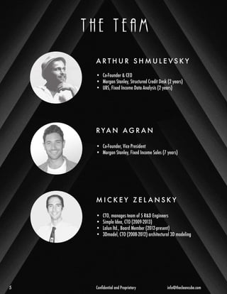 ARTHUR SHMULEVSKY 
RYAN AGRAN 
MIC K E Y Z E L ANSKY 
• Co-Founder & CEO 
• Morgan Stanley, Structured Credit Desk (2 years) 
• UBS, Fixed Income Data Analysis (2 years) 
• Co-Founder, Vice President 
• Morgan Stanley, Fixed Income Sales (7 years) 
• CTO, manages team of 5 R&D Engineers 
• Simple Idea, CTO (2009-2013) 
• Lalun ltd., Board Member (2012-present) 
• 3Dmodel, CTO (2008-2012) architectural 3D modeling 
t h e t e a m 
55 CCoonnfifiddeennttiiaall aanndd PPrroopprriieettaarryy iinnffoo@@tthheecclleeaannccuubbee..ccoomm 
 