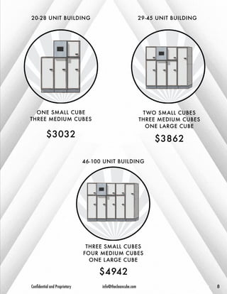 ONE SMALL CUBE 
THREE MEDIUM CUBES 
TWO SMALL CUBES 
THREE MEDIUM CUBES 
ONE LARGE CUBE 
THREE SMALL CUBES 
FOUR MEDIUM CUBES 
ONE LARGE CUBE 
20-28 UNIT BUILDING 29-45 UNIT BUILDING 
46-100 UNIT BUILDING 
$3032 $3862 
$4942 
CCoonnfifiddeenntitaial la anndd P Proropprireietataryry i ninfofo@@ththeeclceleaanncucubbee.c.ocomm 8 8 
 