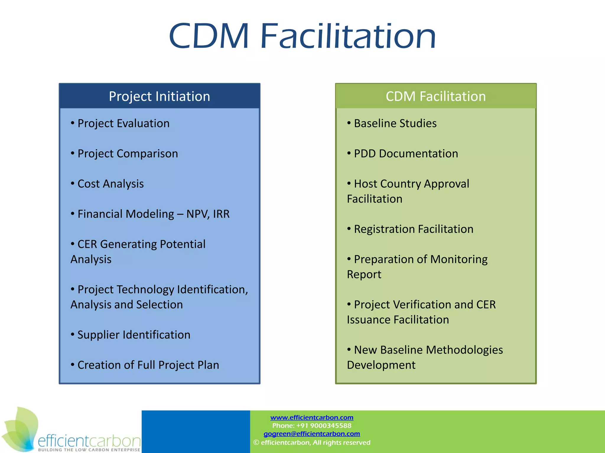 CDM Facilitation
       Project Initiation                                                       CDM Facilitation
• Project Evaluation                                                 • Baseline Studies

• Project Comparison                                                 • PDD Documentation

• Cost Analysis                                                      • Host Country Approval
                                                                     Facilitation
• Financial Modeling – NPV, IRR
                                                                     • Registration Facilitation
• CER Generating Potential
Analysis                                                             • Preparation of Monitoring
                                                                     Report
• Project Technology Identification,
Analysis and Selection                                               • Project Verification and CER
                                                                     Issuance Facilitation
• Supplier Identification
                                                                     • New Baseline Methodologies
• Creation of Full Project Plan                                      Development



                                             www.efficientcarbon.com
                                             Phone: +91 9000345588
                                          gogreen@efficientcarbon.com
                                       © efficientcarbon, All rights reserved
 