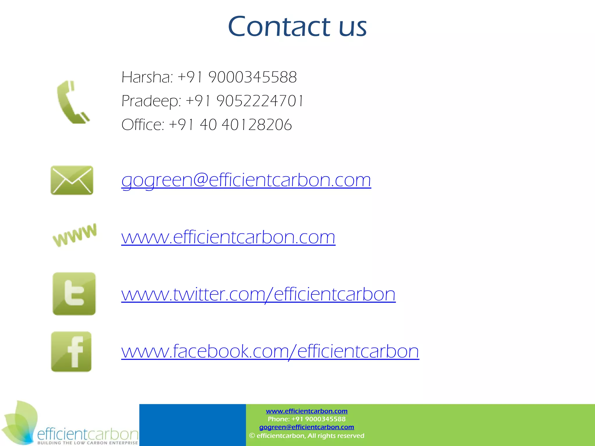 Contact us
Harsha: +91 9000345588
Pradeep: +91 9052224701
Office: +91 40 40128206


gogreen@efficientcarbon.com

www.efficientcarbon.com

www.twitter.com/efficientcarbon

www.facebook.com/efficientcarbon

                     www.efficientcarbon.com
                     Phone: +91 9000345588
                  gogreen@efficientcarbon.com
               © efficientcarbon, All rights reserved
 