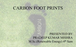 CARBON FOOT PRINTS
PRESENTED BY
PRADEEP KUMAR MISHRA
M.Sc.(Renewable Energy) 4th Sam
 