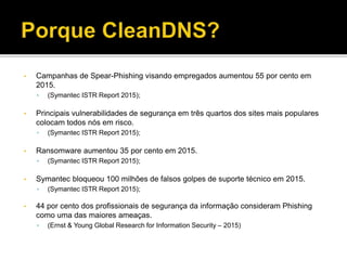 • Campanhas de Spear-Phishing visando empregados aumentou 55 por cento em
2015.
• (Symantec ISTR Report 2015);
• Principais vulnerabilidades de segurança em três quartos dos sites mais populares
colocam todos nós em risco.
• (Symantec ISTR Report 2015);
• Ransomware aumentou 35 por cento em 2015.
• (Symantec ISTR Report 2015);
• Symantec bloqueou 100 milhões de falsos golpes de suporte técnico em 2015.
• (Symantec ISTR Report 2015);
• 44 por cento dos profissionais de segurança da informação consideram Phishing
como uma das maiores ameaças.
• (Ernst & Young Global Research for Information Security – 2015)
 