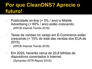 • Publicidade on-line (+ 5% / ano) e Mobile
Advertising (+ 60% / ano) estão crescendo.
• (KPCB Internet Trends 2016)
• Taxas de vendas no varejo em E-Commerce estão
crescendo (+ 10% do total das vendas dos EUA de
2015)
• (KPCB Internet Trends 2016)
• Em 2020, haverão cerca de 20,8 bilhões de
dispositivos conectados à Internet.
• (Symantec ISTR Report 2015);
 