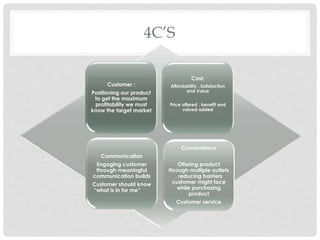 4C’S
Customer :
Positioning our product
to get the maximum
profitability we must
know the target market
Cost:
Affordability , Satisfaction
and Value
Price offered , benefit and
valued added
Communication
Engaging customer
through meaningful
communication builds
Customer should know
“what is in for me”
Convenience
Offering product
through multiple outlets
, reducing barriers
customer might face
while purchasing
product
Customer service
 