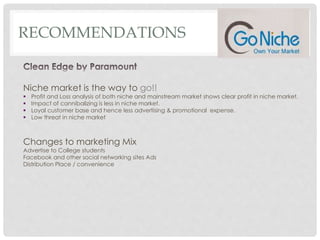 RECOMMENDATIONS
Niche market is the way to go!!
 Profit and Loss analysis of both niche and mainstream market shows clear profit in niche market.
 Impact of cannibalizing is less in niche market.
 Loyal customer base and hence less advertising & promotional expense.
 Low threat in niche market
Changes to marketing Mix
Advertise to College students
Facebook and other social networking sites Ads
Distribution Place / convenience
 