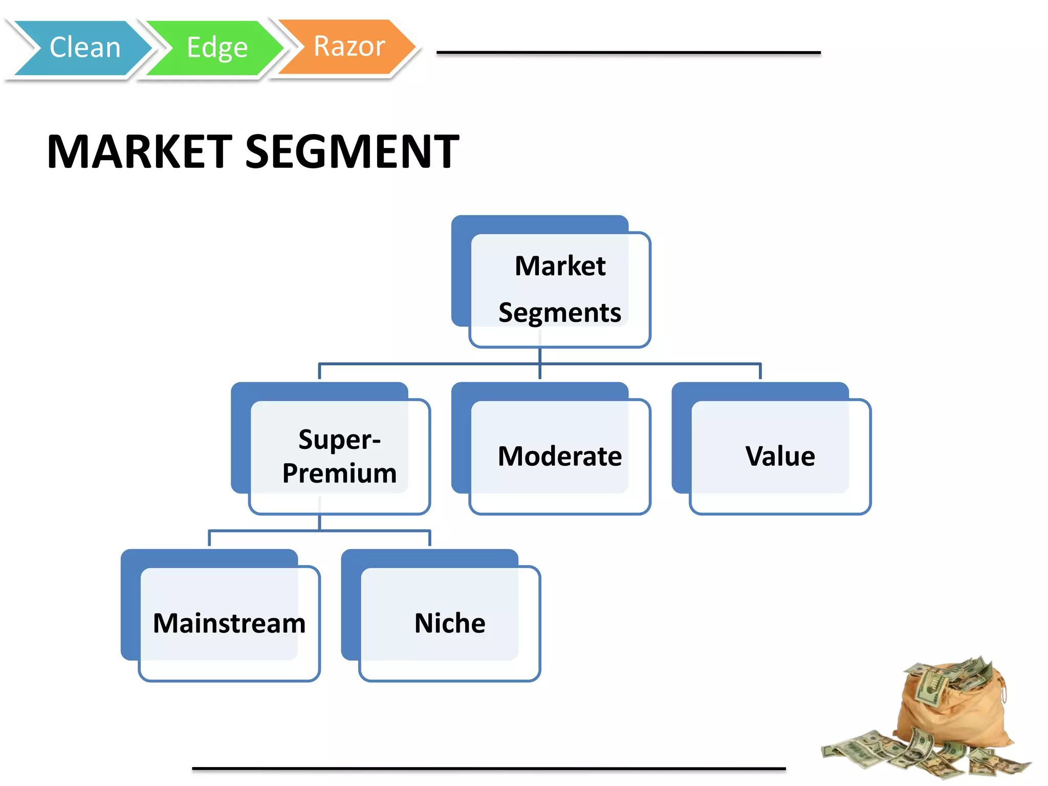 Clean Edge Razor
Market
Segments
Super-
Premium
Mainstream Niche
Moderate Value
MARKET SEGMENT
 