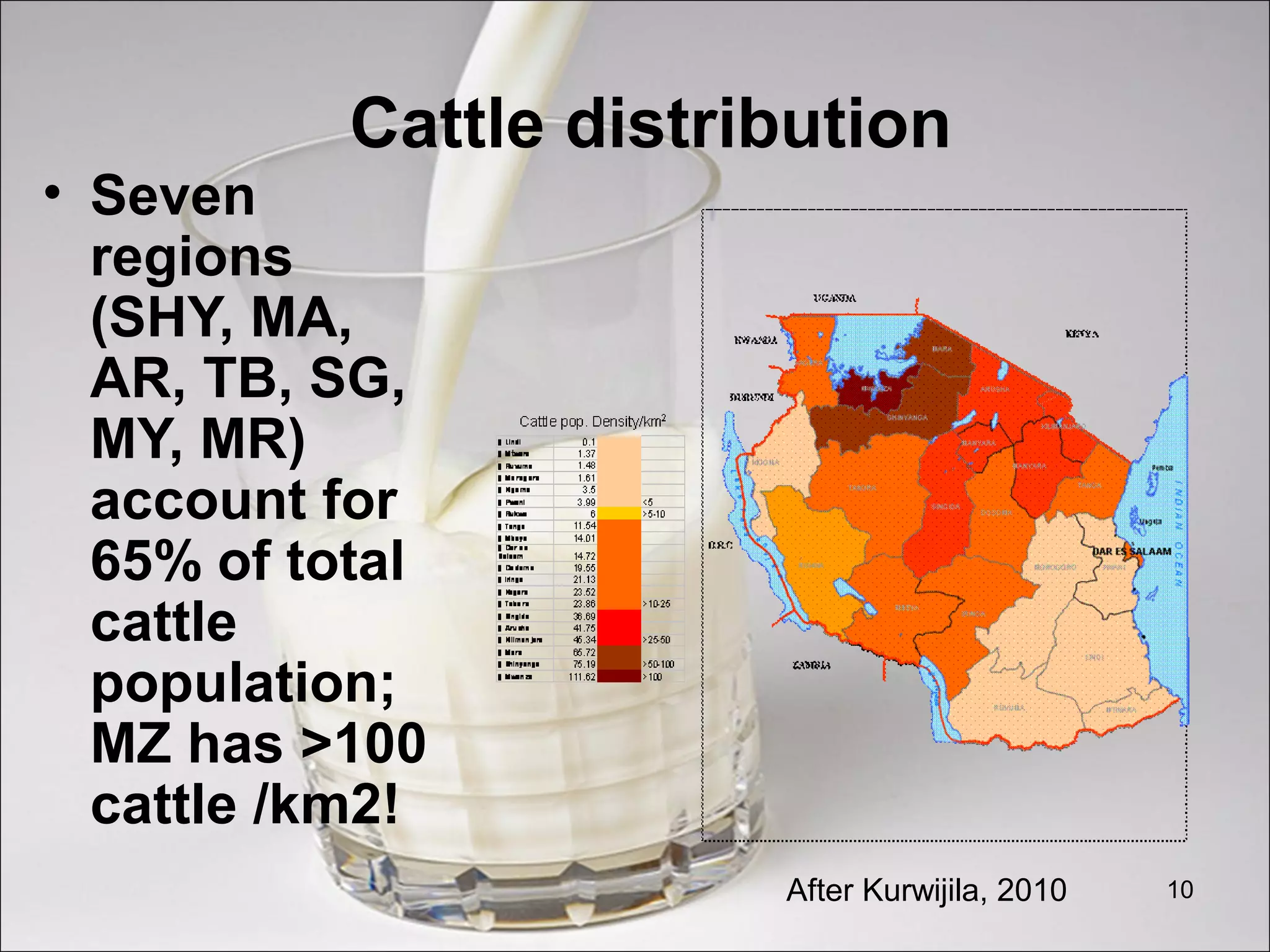 10
Cattle distribution
• Seven
regions
(SHY, MA,
AR, TB, SG,
MY, MR)
account for
65% of total
cattle
population;
MZ has >100
cattle /km2!
After Kurwijila, 2010
 