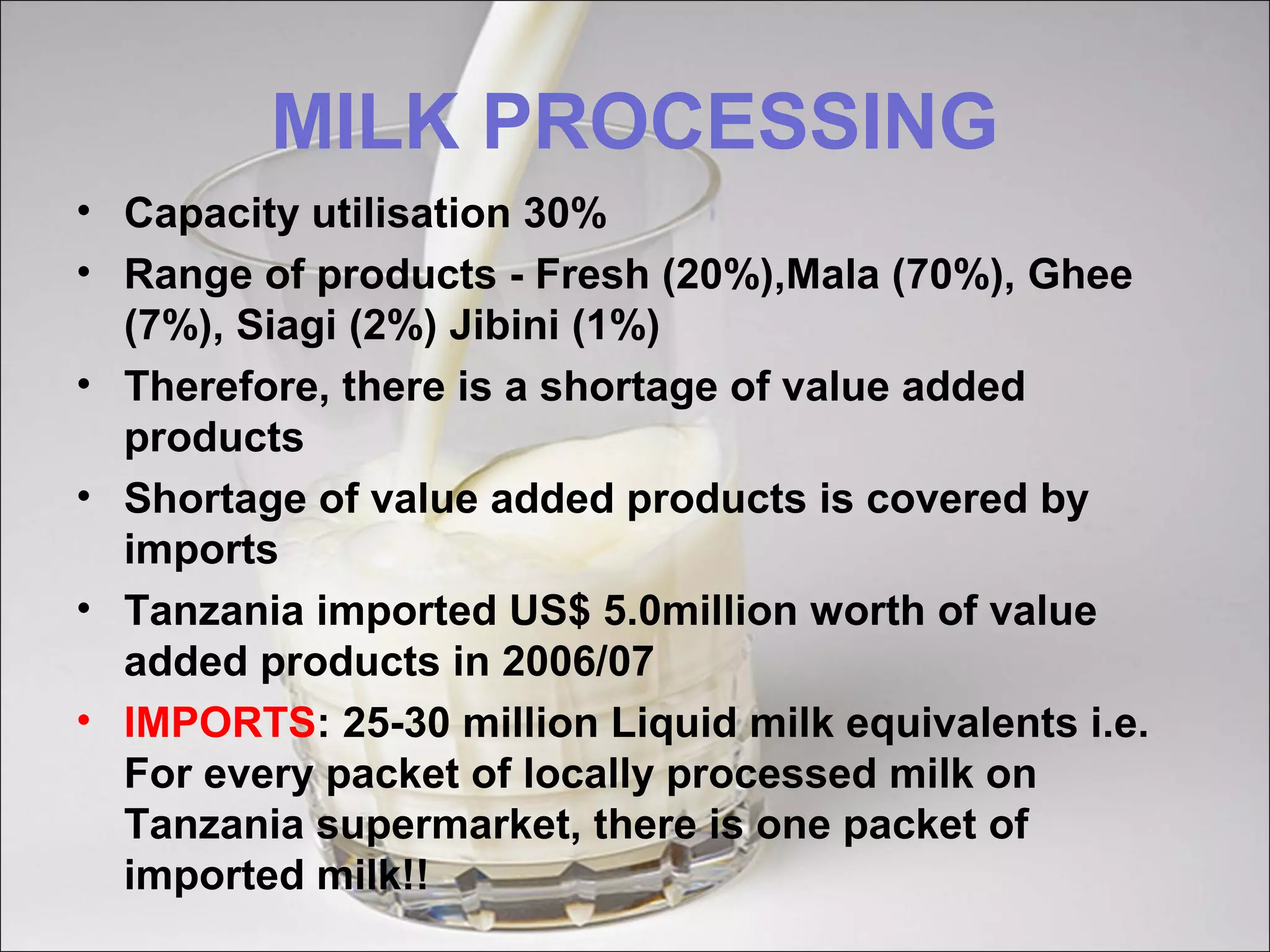 MILK PROCESSING
• Capacity utilisation 30%
• Range of products - Fresh (20%),Mala (70%), Ghee
(7%), Siagi (2%) Jibini (1%)
• Therefore, there is a shortage of value added
products
• Shortage of value added products is covered by
imports
• Tanzania imported US$ 5.0million worth of value
added products in 2006/07
• IMPORTS: 25-30 million Liquid milk equivalents i.e.
For every packet of locally processed milk on
Tanzania supermarket, there is one packet of
imported milk!!
 