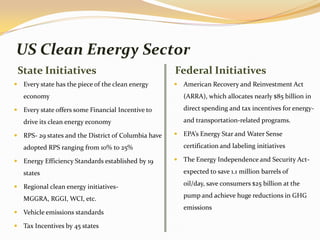 US Clean Energy Sector
 State Initiatives                                   Federal Initiatives
 Every state has the piece of the clean energy       American Recovery and Reinvestment Act
   economy                                              (ARRA), which allocates nearly $85 billion in

 Every state offers some Financial Incentive to        direct spending and tax incentives for energy-

   drive its clean energy economy                       and transportation-related programs.

 RPS- 29 states and the District of Columbia have    EPA’s Energy Star and Water Sense

   adopted RPS ranging from 10% to 25%                  certification and labeling initiatives

 Energy Efficiency Standards established by 19       The Energy Independence and Security Act-

   states                                               expected to save 1.1 million barrels of

 Regional clean energy initiatives-
                                                        oil/day, save consumers $25 billion at the

   MGGRA, RGGI, WCI, etc.                               pump and achieve huge reductions in GHG
                                                        emissions
 Vehicle emissions standards

 Tax Incentives by 45 states
 