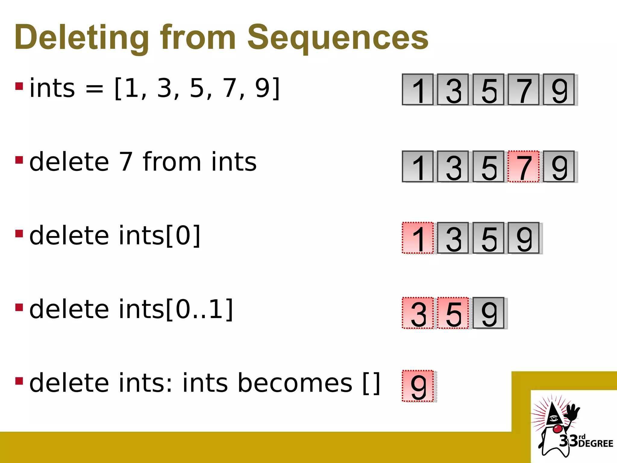 Deleting from Sequences
 ints = [1, 3, 5, 7, 9]         1 3 5 7 9
 delete 7 from ints             1 3 5 7 9
 delete ints[0]                 1 3 5 9
 delete ints[0..1]              3 5 9
 delete ints: ints becomes []   9
 