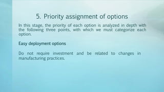 5. Priority assignment of options
In this stage, the priority of each option is analyzed in depth with
the following three points, with which we must categorize each
option.
Easy deployment options
Do not require investment and be related to changes in
manufacturing practices.
 