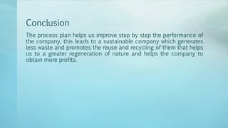 Conclusion
The process plan helps us improve step by step the performance of
the company, this leads to a sustainable company which generates
less waste and promotes the reuse and recycling of them that helps
us to a greater regeneration of nature and helps the company to
obtain more profits.
 