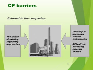 CP barriers
External to the companies:
32
Difficulty in
accessing
cleaner
technologies
Difficulty in
accessing
external
fi...