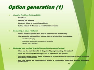 Option generation (1)
 Creative Problem Solving (CPS):
- Find facts
- Identify the problem
- Generate ideas to solve the ...