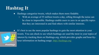Hashtag It
● Hashtags categorize tweets, which makes them more findable.
○ With an average of 55 million tweets a day, sifting through the noise can
be close to impossible. Hashtags enable users to zero in on specific topics
that they are interested in and find others with similar interests.
● It’s best to use the more popular hashtags to gain the most attention to your
tweets. You can check to see which hashtags are used the most in your topics of
interest by tracking them on Hashtags.org, which provides graphs and hour-by-
hour information on hashtag usage. http://hashtags.org
 