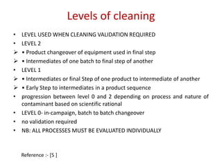 Levels of cleaning 
• LEVEL USED WHEN CLEANING VALIDATION REQUIRED 
• LEVEL 2 
 • Product changeover of equipment used in final step 
 • Intermediates of one batch to final step of another 
• LEVEL 1 
 • Intermediates or final Step of one product to intermediate of another 
 • Early Step to intermediates in a product sequence 
• progression between level 0 and 2 depending on process and nature of 
contaminant based on scientific rational 
• LEVEL 0- in-campaign, batch to batch changeover 
• no validation required 
• NB: ALL PROCESSES MUST BE EVALUATED INDIVIDUALLY 
Reference :- [5 ] 
 