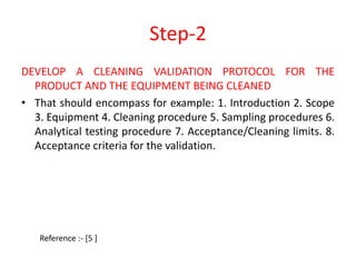 Step-2 
DEVELOP A CLEANING VALIDATION PROTOCOL FOR THE 
PRODUCT AND THE EQUIPMENT BEING CLEANED 
• That should encompass for example: 1. Introduction 2. Scope 
3. Equipment 4. Cleaning procedure 5. Sampling procedures 6. 
Analytical testing procedure 7. Acceptance/Cleaning limits. 8. 
Acceptance criteria for the validation. 
Reference :- [5 ] 
 