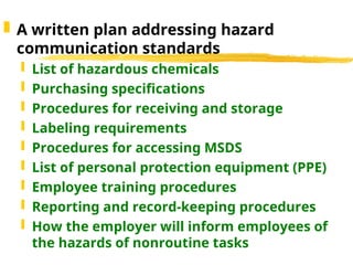  A written plan addressing hazard
communication standards
 List of hazardous chemicals
 Purchasing specifications
 Procedures for receiving and storage
 Labeling requirements
 Procedures for accessing MSDS
 List of personal protection equipment (PPE)
 Employee training procedures
 Reporting and record-keeping procedures
 How the employer will inform employees of
the hazards of nonroutine tasks
 