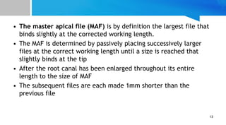 • The master apical file (MAF) is by definition the largest file that
binds slightly at the corrected working length.
• The MAF is determined by passively placing successively larger
files at the correct working length until a size is reached that
slightly binds at the tip
• After the root canal has been enlarged throughout its entire
length to the size of MAF
• The subsequent files are each made 1mm shorter than the
previous file
13
 