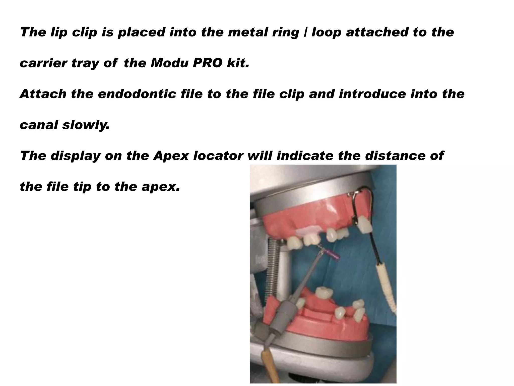 The lip clip is placed into the metal ring / loop attached to the
carrier tray of the Modu PRO kit.
Attach the endodontic file to the file clip and introduce into the
canal slowly.

The display on the Apex locator will indicate the distance of
the file tip to the apex.

 