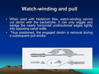 Watch-winding and pull
• When used with Hedstrom files, watch-winding cannot
cut dentin with the backstroke. It can only wiggle and
wedge the nearly horizontal unidirectional edges tightly
into opposing canal walls.
• Thus positioned, the engaged dentin is removal during
a subsequent pull stroke.
 