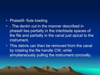 • PhaseIII- flute loading
• . The dentin cut in the manner described in
phaseII lies partially in the interblade spaces of
the file and partially in the canal just apical to the
instrument.
• This debris can then be removed from the canal
by rotating the file handle CW, while
simultaneously pulling the instrument coronally.
 