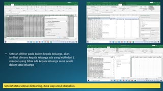 • Setelah difilter pada kolom kepala keluarga, akan
terlihat dimana kepala keluarga ada yang lebih dari 1
maupun yang tidak ada kepala keluarga sama sekali
dalam satu keluarga
Setelah data selesai dicleaning, data siap untuk dianalisis.
 