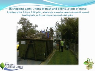 36 shopping Carts, 7 tons of trash and debris, 3 tons of metal, 2 motorcycles, 8 tires, 6 bicycles, a bath tub, a wooden exercise treadmill, several bowling balls, an Oxy-Acetylene tank and a Wii guitar