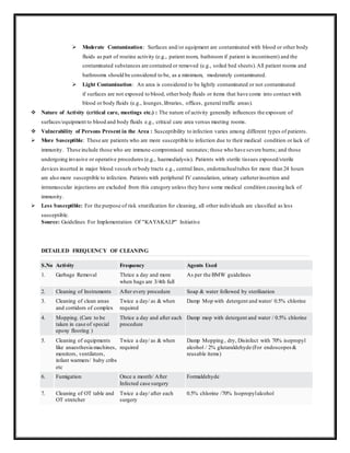  Moderate Contamination: Surfaces and/or equipment are contaminated with blood or other body
fluids as part of routine activity (e.g., patient room, bathroom if patient is incontinent) and the
contaminated substances are contained or removed (e.g., soiled bed sheets).All patient rooms and
bathrooms should be considered to be, as a minimum, moderately contaminated.
 Light Contamination: An area is considered to be lightly contaminated or not contaminated
if surfaces are not exposed to blood, other body fluids or items that have come into contact with
blood or body fluids (e.g., lounges,libraries, offices, general traffic areas).
 Nature of Activity (critical care, meetings etc.) : The nature of activity generally influences the exposure of
surfaces/equipment to blood and body fluids e.g., critical care area versus meeting rooms.
 Vulnerability of Persons Present in the Area : Susceptibility to infection varies among different types of patients.
 More Susceptible: These are patients who are more susceptible to infection due to their medical condition or lack of
immunity. These include those who are immune-compromised neonates; those who have severe burns; and those
undergoing invasive or operative procedures (e.g., haemodialysis). Patients with sterile tissues exposed/sterile
devices inserted in major blood vessels orbody tracts e.g., central lines, endotrachealtubes for more than 24 hours
are also more susceptible to infection. Patients with peripheral IV cannulation, urinary catheterinsertion and
intramuscular injections are excluded from this category unless they have some medical condition causing lack of
immunity.
 Less Susceptible: For the purpose of risk stratification for cleaning, all other individuals are classified as less
susceptible.
Source: Guidelines For Implementation Of "KAYAKALP" Initiative
DETAILED FREQUENCY OF CLEANING
S.No Activity Frequency Agents Used
1. Garbage Removal Thrice a day and more
when bags are 3/4th full
As per the BMW guidelines
2. Cleaning of Instruments After every procedure Soap & water followed by sterilization
3. Cleaning of clean areas
and corridors of complex
Twice a day/ as & when
required
Damp Mop with detergent and water/ 0.5% chlorine
4. Mopping. (Care to be
taken in case of special
epoxy flooring )
Thrice a day and after each
procedure
Damp mop with detergent and water / 0.5% chlorine
5. Cleaning of equipments
like anaesthesia machines,
monitors, ventilators,
infant warmers/ baby cribs
etc
Twice a day/ as & when
required
Damp Mopping , dry, Disinfect with 70% isopropyl
alcohol / 2% glutaraldehyde (For endoscopes &
reusable items)
6. Fumigation Once a month/ After
Infected case surgery
Formaldehyde
7. Cleaning of OT table and
OT stretcher
Twice a day/ after each
surgery
0.5% chlorine /70% Isopropylalcohol
 
