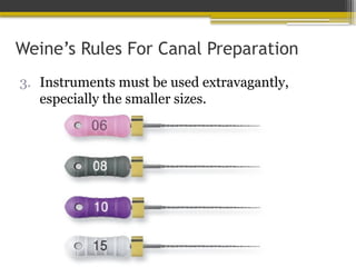 Weine’s Rules For Canal Preparation
3. Instruments must be used extravagantly,
especially the smaller sizes.
 