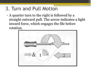 3. Turn and Pull Motion
• A quarter turn to the right is followed by a
straight outward pull. The arrow indicates a light
inward force, which engages the file before
rotation.
 