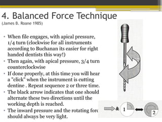 4. Balanced Force Technique
(James B. Roane 1985)
• When file engages, with apical pressure,
1/4 turn (clockwise for all instruments
according to Buchanan its easier for right
handed dentists this way!)
• Then again, with apical pressure, 3/4 turn
counterclockwise
• If done properly, at this time you will hear
a "click" when the instrument is cutting
dentine . Repeat sequence 2 or three time.
• The black arrow indicates that one should
alternate these two directions until the
working depth is reached.
• The inward pressure and the rotating force
should always be very light.
 