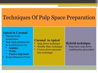 Techniques Of Pulp Space Preparation
Apical to Coronal
• Standardized
preparation
• Step back preparation
& modifications by:
• Schilder
• Weine
• Passive step back
• Roane Balanced Force
Coronal to Apical
• Step down technique
• Double flare technique
• Crown down pressure
less technique
Hybrid technique
• Step back step down
combination procedure
 