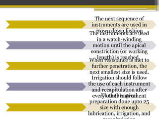 The next sequence of
instruments are used in
crown down fashion
The instruments are used
in a watch-winding
motion until the apical
constriction (or working
length) is reached.
When resistance is met to
further penetration, the
next smallest size is used.
Irrigation should follow
the use of each instrument
and recapitulation after
every other instrument
Then the apical
preparation done upto 25
size with enough
lubrication, irrigation, and
 