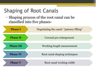 Shaping of Root Canals
• Shaping process of the root canal can be
classified into five phases-
Phase I Negotiating the canal- “patency filling”
Phase II Coronal pre enlargement
Phase III Working length measurement
Phase IV Root canal shaping techniques
Phase V Root canal working width
 