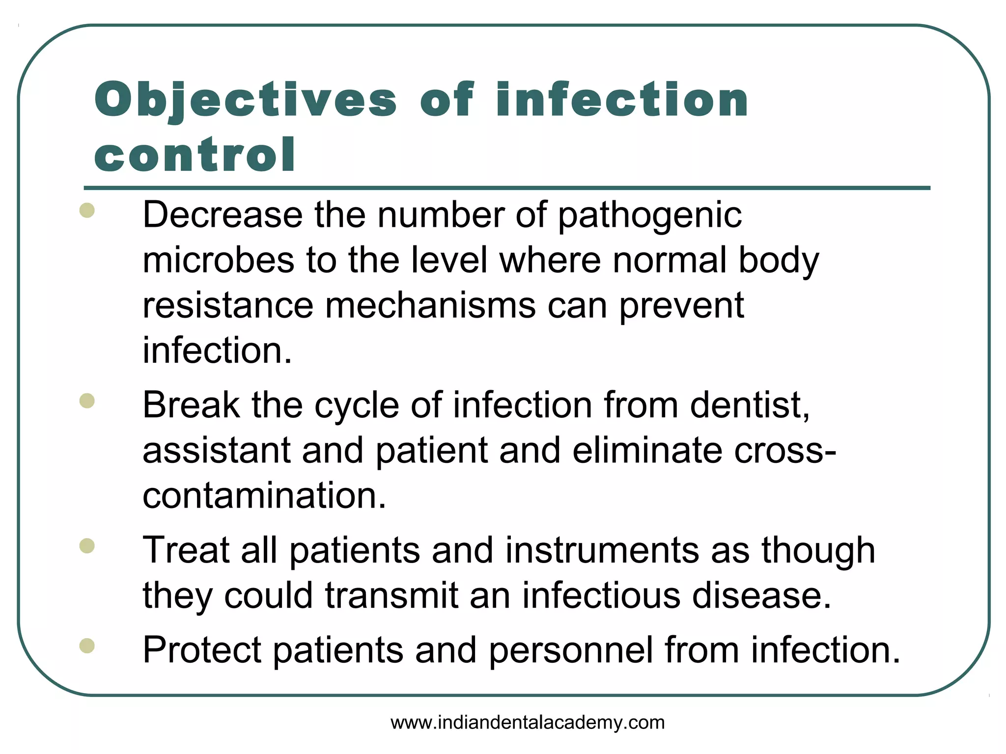 Objectives of infection
control
 Decrease the number of pathogenic
microbes to the level where normal body
resistance mechanisms can prevent
infection.
 Break the cycle of infection from dentist,
assistant and patient and eliminate cross-
contamination.
 Treat all patients and instruments as though
they could transmit an infectious disease.
 Protect patients and personnel from infection.
www.indiandentalacademy.com
 