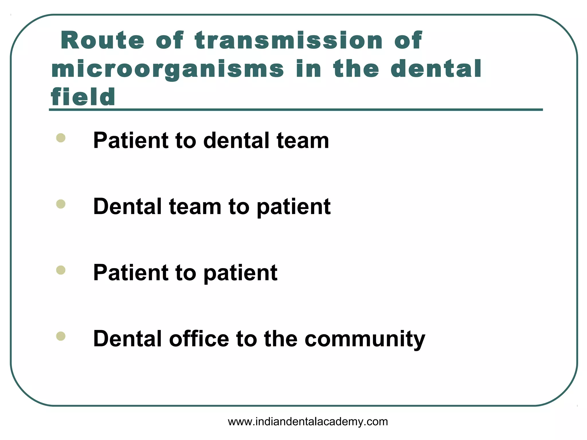 Route of transmission of
microorganisms in the dental
field
 Patient to dental team
 Dental team to patient
 Patient to patient
 Dental office to the community
www.indiandentalacademy.com
 