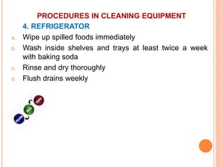 PROCEDURES IN CLEANING EQUIPMENT
4. REFRIGERATOR
a. Wipe up spilled foods immediately
b. Wash inside shelves and trays at least twice a week
with baking soda
c. Rinse and dry thoroughly
d. Flush drains weekly
 