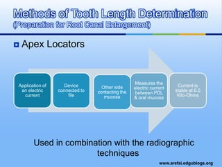 Apex LocatorsUsed in combination with the radiographic techniquesMethods of Tooth Length Determination(Preparation for Root Canal Enlargement)