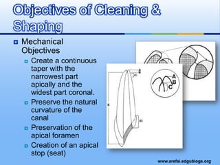 Mechanical ObjectivesCreate a continuous taper with the narrowest part apically and the widest part coronal.Preserve the natural curvature of the canalPreservation of the apical foramenCreation of an apical stop (seat)Objectives of Cleaning & Shaping