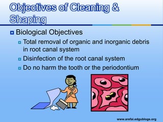 Biological ObjectivesTotal removal of organic and inorganic debris in root canal systemDisinfection of the root canal systemDo no harm the tooth or the periodontiumObjectives of Cleaning & Shaping