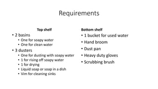 Requirements
Top shelf
• 2 basins
• One for soapy water
• One for clean water
• 3 dusters
• One for dusting with soapy water
• 1 for rising off soapy water
• 1 for drying
• Liquid soap or soap in a dish
• Vim for cleaning sinks
Bottom shelf
• 1 bucket for used water
• Hand broom
• Dust pan
• Heavy duty gloves
• Scrubbing brush
 