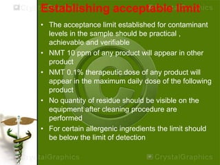 Establishing acceptable limit
• The acceptance limit established for contaminant
levels in the sample should be practical ,
achievable and verifiable
• NMT 10 ppm of any product will appear in other
product
• NMT 0.1% therapeutic dose of any product will
appear in the maximum daily dose of the following
product
• No quantity of residue should be visible on the
equipment after cleaning procedure are
performed
• For certain allergenic ingredients the limit should
be below the limit of detection
 