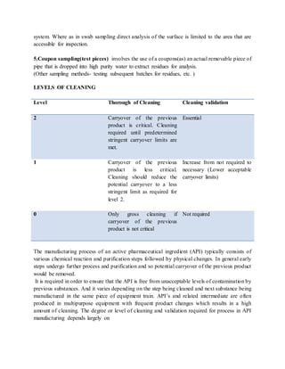 system. Where as in swab sampling direct analysis of the surface is limited to the area that are 
accessible for inspection. 
5.Coupon sampling(test pieces) involves the use of a coupons(as) an actual removable piece of 
pipe that is dropped into high purity water to extract residues for analysis. 
(Other sampling methods- testing subsequent batches for residues, etc. ) 
LEVELS OF CLEANING 
Level 
Thorough of Cleaning 
Cleaning validation 
2 Carryover of the previous 
product is critical. Cleaning 
required until predetermined 
stringent carryover limits are 
met. 
Essential 
1 Carryover of the previous 
product is less critical. 
Cleaning should reduce the 
potential carryover to a less 
stringent limit as required for 
level 2. 
Increase from not required to 
necessary (Lower acceptable 
carryover limits) 
0 Only gross cleaning if 
carryover of the previous 
product is not critical 
Not required 
The manufacturing process of an active pharmaceutical ingredient (API) typically consists of 
various chemical reaction and purification steps followed by physical changes. In general early 
steps undergo further process and purification and so potential carryover of the previous product 
would be removed. 
It is required in order to ensure that the API is free from unacceptable levels of contamination by 
previous substances. And it varies depending on the step being cleaned and next substance being 
manufactured in the same piece of equipment train. API’s and related intermediate are often 
produced in multipurpose equipment with frequent product changes which results in a high 
amount of cleaning. The degree or level of cleaning and validation required for process in API 
manufacturing depends largely on 
 