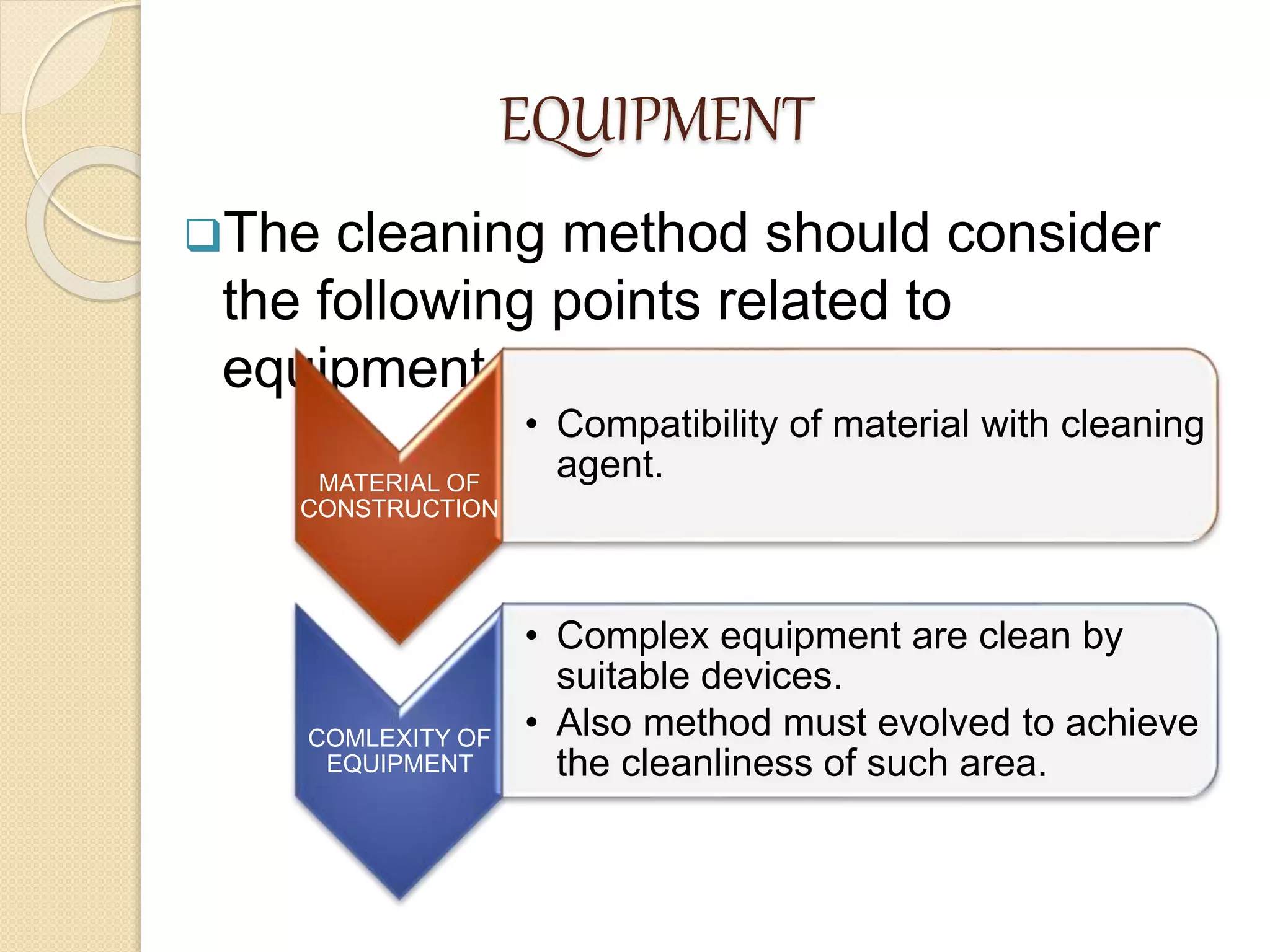 EQUIPMENT
The cleaning method should consider
the following points related to
equipment
MATERIAL OF
CONSTRUCTION
• Compatibility of material with cleaning
agent.
COMLEXITY OF
EQUIPMENT
• Complex equipment are clean by
suitable devices.
• Also method must evolved to achieve
the cleanliness of such area.
 